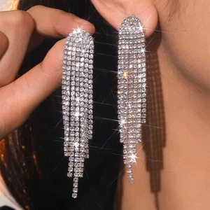 Silver Crystal Long Drop Rhinestone Diamante Bridal Wedding Dangle Earrings - Picture 1 of 13