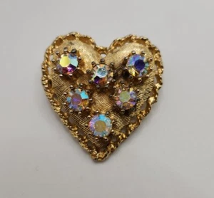 Vintage Goldtone Heart AB Aurora Borealis 6 Rhinestones Heart MCM Brooch 1" - Picture 1 of 4
