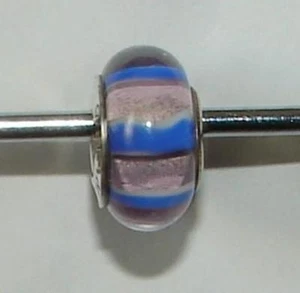 New Chamilia BLUE WAVE Pink/Blue Stripes Murano Glass & Sterling Bead O-41 $35 - Picture 1 of 1