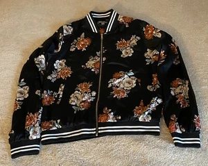 Don't Ask Why Black Floral Art Satin Bomber Jacket Women's American Eagle - Picture 1 of 19