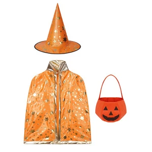 Kids Witch Wizard Cloak Cape Halloween Outfits Pointed Hat Pumpkin Bag Set - Picture 1 of 73