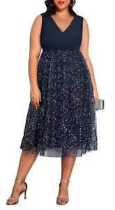 PF Women's Plus Sz V-neck Sleeveless Semi Formal Navy Midi Dress Sequin Overlay - Picture 1 of 6
