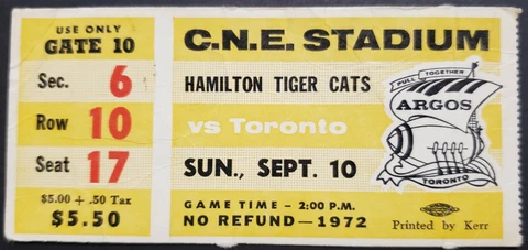 1972 C.N.E. Stadium Hamilton Tiger Cats vs Toronto Argonauts CFL Football Ticket Cover