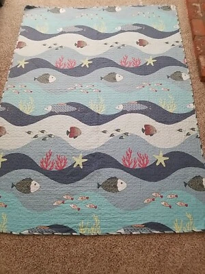 Colcha doble Sealife Fish Ocean Wave azul coral estrellas de mar 80"x 59" algodón Foto 1 de 4