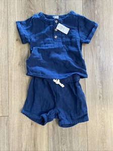 Conjunto de Camisa y Pantalones Cortos Unisex Azul Texturizado Doble Tejido para Bebé 12-18M Azul Marino Antiguo - Imagen 1 de 5