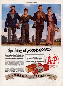 1944 Marvel Bread A&P 4 Workers Lunch Pails People Vitamins Vintage Print Ad - Picture 1 of 1