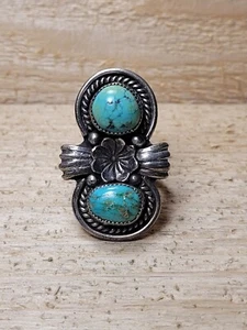 Southwest Style Sterling Silver And 2 Stone Turquoise Ring Stamped DKL I-10155 - Picture 1 of 10