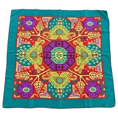 LANVIN Paris Silk Square Scarf Turquoise Multi Pattern 27” Neckerchief Designer - Image 1 of 4