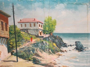 Gouache painting landscape seacoast houses signed - Picture 1 of 12
