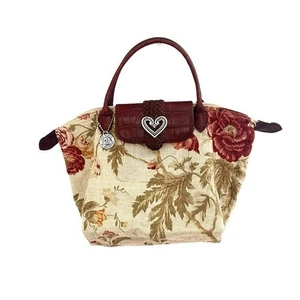 Brighton Floral Canvas Small Tote Foldable Bag Brown Genuine Leather - Picture 1 of 9