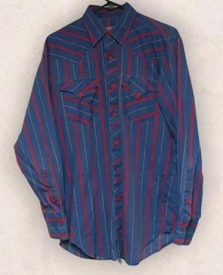 Vintage H Bar C Men’s Large Blue Stripe Red Button Longtail Western Shirt 16-35 - Image 1 of 4