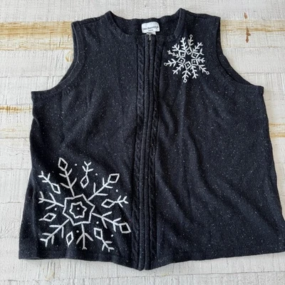 Breckenridge size 2X Black Flecked Wool Blend Snowflake Sweater Vest Zip Front - Image 1 of 4