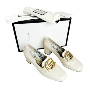 GUCCI Victoire GG Pumps EU 36.5 US 6.5 Vintage White Leather Low Block Heel Logo - Picture 1 of 11