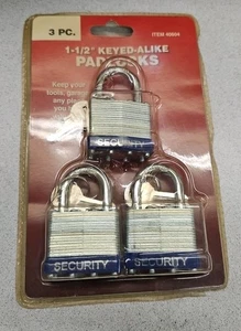Security 3 pc Keyed-Alike Padlocks 1-1/2" New Old Stock in Package 40604 - Picture 1 of 2