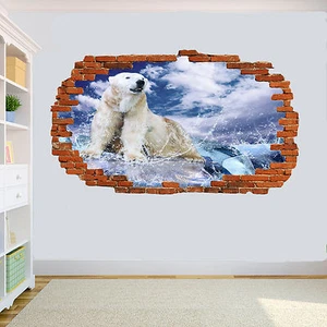 POLAR BEAR ON ICE OCEAN SMASHED 3D WALL STICKER ROOM DECORATION DECAL MURAL - Picture 1 of 3