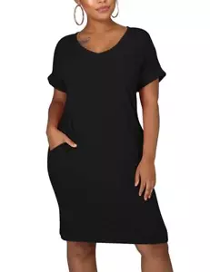 Women's Summer V Neck Short Sleeve Midi Tshirt Dresses Casual Tunic Dress wit... - Picture 1 of 7
