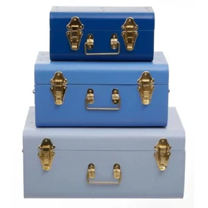 Parley Set of 3 Assorted Blue Storage Trunks Stackable Gold Clips Vintage Style - Picture 1 of 8