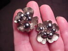 Kramer Earrings Silver Tone Flower Black Pearls Rhinestones Clip On Vintage