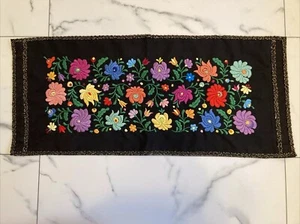 Traditional Hungarian Table Runner Hand Embroidered Bold Bright Flowers On Black - Picture 1 of 10