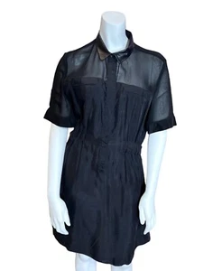 The Kooples LEATHER COLLAR SHIRT DRESS M Black Mesh Office Hipster Retro Goth - Picture 1 of 8