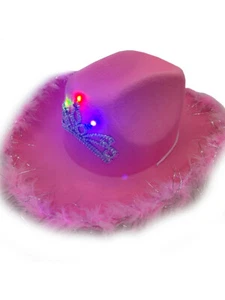 Adult's Neon Pink Cowboy Hat With Tiara And Party Wire EL Light Up Feather Trim - Picture 1 of 2