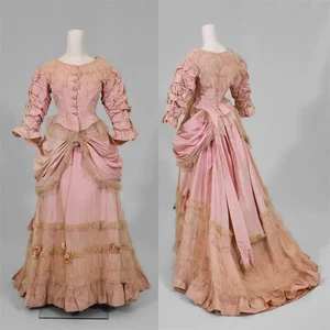 1870s Pink Victorian Dress Vintage Women Bustle Ball Gown Princess Walking Dress - Picture 1 of 7
