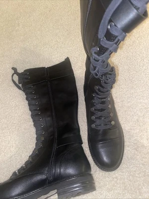 Report Black Faux Leather Knee High Combat Boots Buckles Tie Up Side Zip Boxed - Image 1 of 4