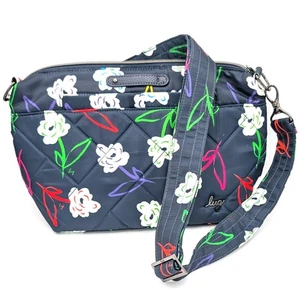 Borsa a tracolla Lug FLARE blu scuro blu navy trapuntata floreale bianco fiori - Foto 1 di 9