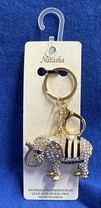 Natasha Elephant Bag Charm Keychain Black White Gold & Rhinestone Bling - Picture 1 of 7