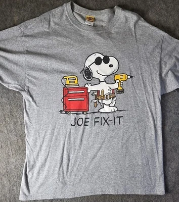 Vintage Y2K Peanuts Label Snoopy "JOE FIX IT" Gray T-Shirt XL Distressed  - Image 1 of 4