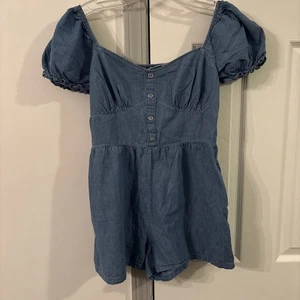 Lily Rose Chambray Romper Size M Juniors Sweetheart Puffy Sleeves Denim Look New - Picture 1 of 9