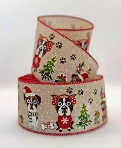Dog Bone Presents Dogs Paw Print Holiday ribbon 2.5 Wired Christmas 10 yards - Picture 1 of 7