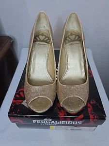 Women's Fergalicious Gold Glitter Peep Toe Heels 7M Style: Grace - Picture 1 of 6