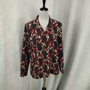 Donnkenny Blouse Womens Petite Medium Black Red Geometric Camp Button Up READ - Picture 1 of 9