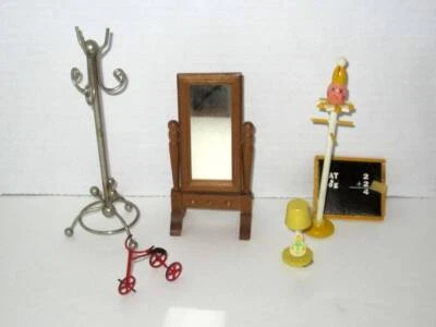 Vintage Dollhouse miniature 6pc coat racks mirror chalkboard lamp tricycle - Image 1 of 3