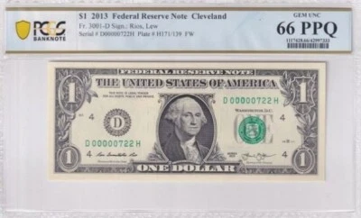 2013 $1 One Dollar Super Fancy 3 Digit Low Serial Number 00000722  PCGS 66 PPQ - Image 1 of 2