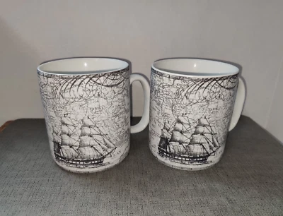 2 Coffee Mugs Large 24Oz 222 Fifth Black And White Atlas Map Due North Gray - Image 1 of 4