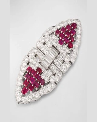 935 Silver Art Deco 18.92 TCW Princess Ruby & Multi Cut Sapphire Women's Brooch - Image 1 of 4