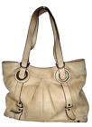 Born Beige Leather Handbag Floral Accent Double Strap Purse 14" x 10" H See Flaw