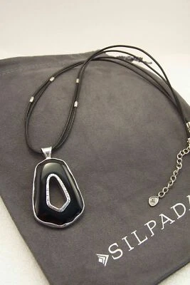 Collar Colgante SILPADA Reversible Plata Esterlina Cuero Ónix Pirita N2883 Foto 1 de 4