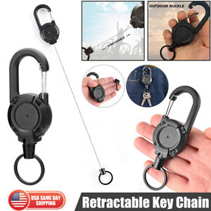 Heavy Duty Retractable Carabiner Car Key Chain Badge Holder Steel Cord Keychain