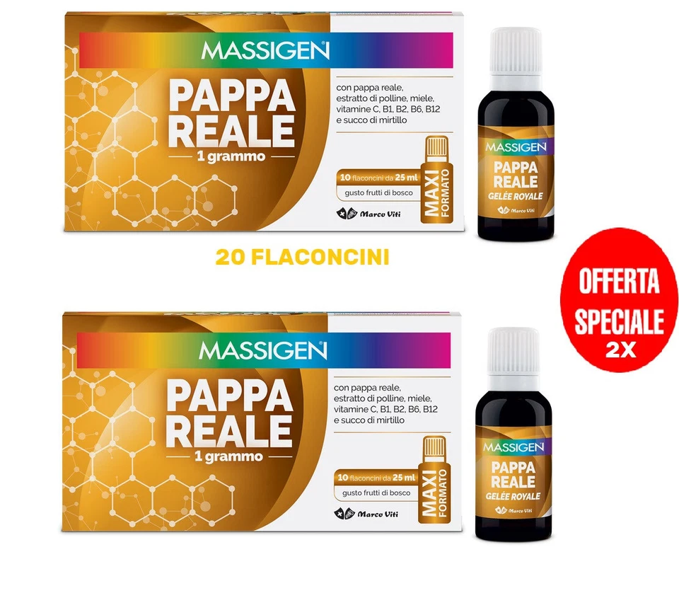 2X Marco Viti MASSIGEN PAPPA REALE 20 FLACONI DA 25 ML Gusto frutti di bosco