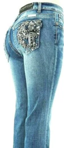 PLATINUM PLUSH LADIES LEATHER CROSS & WING RHINESTONE DENIM JEANS STYLE #4046 - Picture 1 of 5