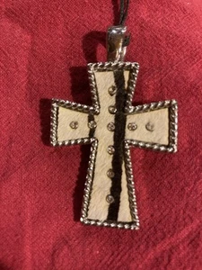Western Womens Necklace Cross Rodeo Cowhide 2 1/2” On Thin Cord - Picture 1 of 3