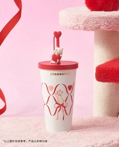 2024 China Starbucks Valentine's Day 18oz Cute Cat Heart Topper Bow SS Straw Cup - Picture 1 of 8