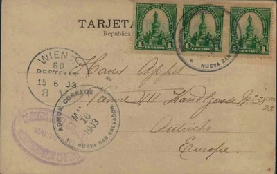 1903 El Salvador 3 Stamps on Real Photo Guatemala Postcard - to Austria - Image 1 of 2