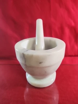 White Light Grey Marble Stone Mortar Bowl 4.5"x5.25" W/ Pestle. Ready To Use.  - Image 1 of 4
