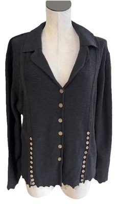 Cárdigan Willow Mujer Grande Negro Algodón Botón Suéter Arte CC Foto 1 de 4