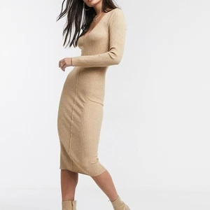 ASOS Design V Neck Ribbed Tan Knit Midi Fitted Dress Size US 4 - Picture 1 of 9