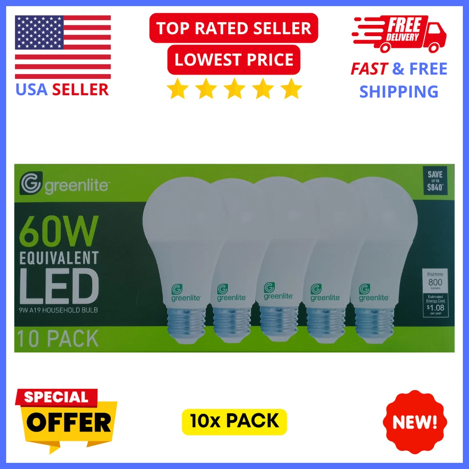 Greenlite 9W LED Light Bulbs 10-Pack – 60W Equivalent A19 800 Lumens Energy Save - Image 1 of 2